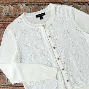 Ann Taylor White Eyelet Floral Daisy Lightweight Cotton Knit Crewneck Cardigan